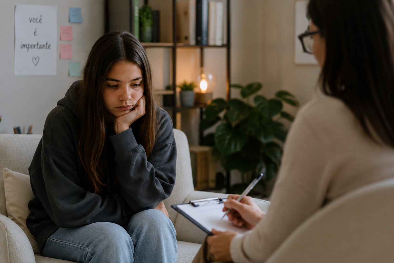 Adolescente em momento de reflexão e acolhimento psicológico